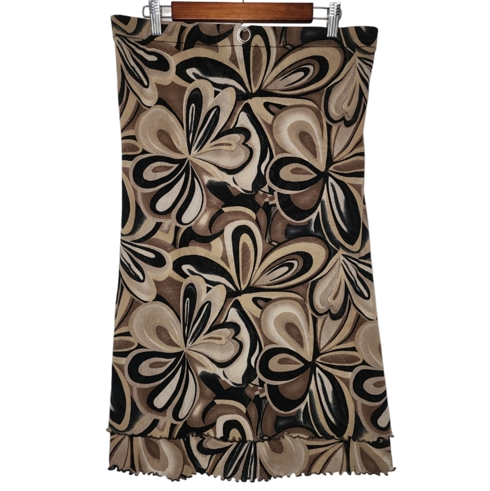 Vintage 90s Rapz Mesh Midi Skirt Brown Tan Abstract Retro Print Large - Picture 2 of 7